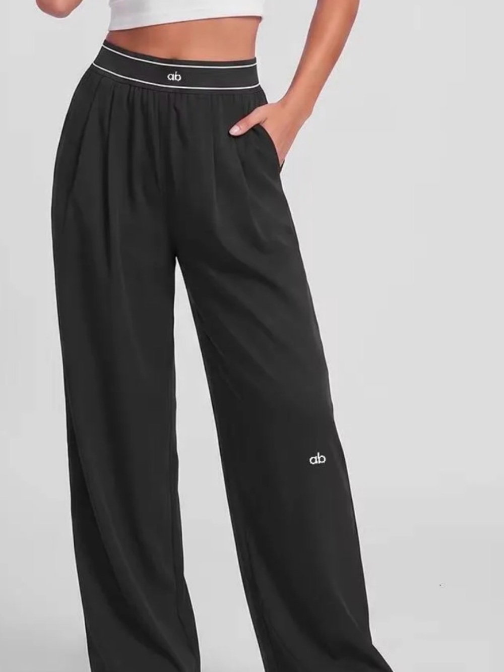 ALO Yoga Black Wide-Leg Lounge Pants with Logo Waistband